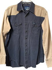 Load image into Gallery viewer, Wrangler Western Snap Shirt Men’s Large XL Black Tan Distressed Workwear