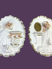 Load image into Gallery viewer, Vintage 1950s Chalkware Lady Wall Plaques Set Dogs Babies Vanity Gold Rococo