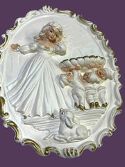 Load image into Gallery viewer, Vintage 1950s Chalkware Lady Wall Plaques Set Dogs Babies Vanity Gold Rococo