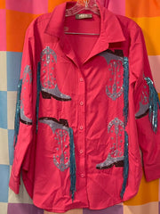 Load image into Gallery viewer, SOLD - Hot Pink Button Up with Metallic Blue Cowboy Boots