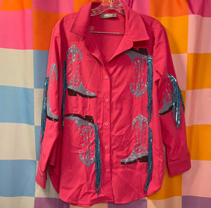 Hot Pink Button Up with Metallic Blue Cowboy Boots