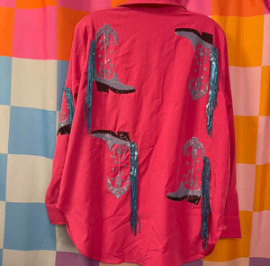 Hot Pink Button Up with Metallic Blue Cowboy Boots