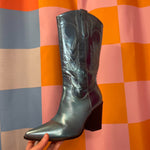 Load image into Gallery viewer, SOLD - Hot Pink Button Up with Metallic Blue Cowboy Boots
