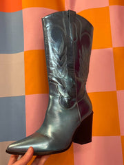 Load image into Gallery viewer, SOLD - Hot Pink Button Up with Metallic Blue Cowboy Boots