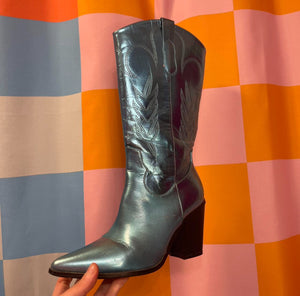 Hot Pink Button Up with Metallic Blue Cowboy Boots