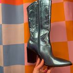 Load image into Gallery viewer, SOLD - Hot Pink Button Up with Metallic Blue Cowboy Boots
