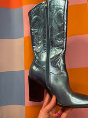 Load image into Gallery viewer, SOLD - Hot Pink Button Up with Metallic Blue Cowboy Boots