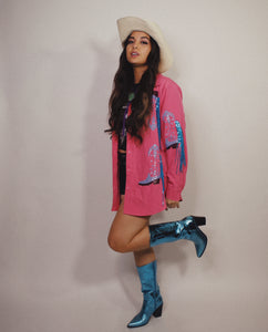 Hot Pink Button Up with Metallic Blue Cowboy Boots