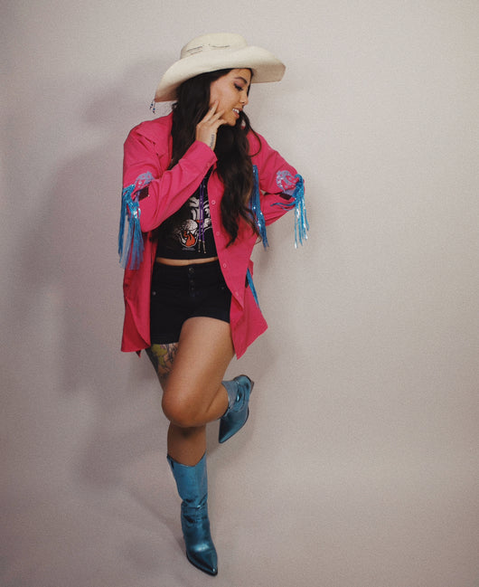 Hot Pink Button Up with Metallic Blue Cowboy Boots