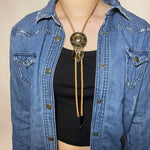 Load image into Gallery viewer, SOLD - Western Bolo Tie – Tan Cord &amp; Gold Sunburst
