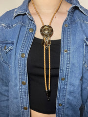 Load image into Gallery viewer, SOLD - Western Bolo Tie – Tan Cord &amp; Gold Sunburst
