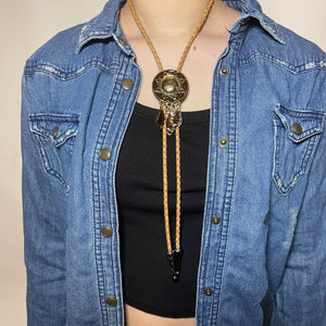 Western Bolo Tie – Tan Cord & Gold Sunburst
