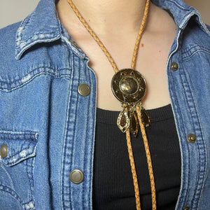 Western Bolo Tie – Tan Cord & Gold Sunburst