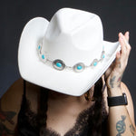 Load image into Gallery viewer, 🤍 White Cowgirl Hat with Turquoise Concho Band 🤍
