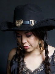 Load image into Gallery viewer, 🖤 Black Cowgirl Hat with Gold Heart Buckle 🖤

