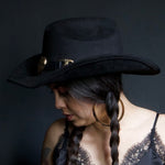 Load image into Gallery viewer, 🖤 Black Cowgirl Hat with Gold Heart Buckle 🖤
