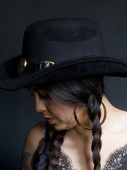 Load image into Gallery viewer, 🖤 Black Cowgirl Hat with Gold Heart Buckle 🖤
