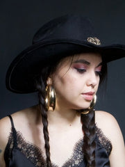Load image into Gallery viewer, 🖤 Black Cowgirl Hat with Gold Heart Buckle 🖤

