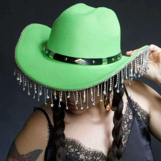 ✨ Green Rhinestone Fringe Cowgirl Hat ✨
