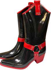 Load image into Gallery viewer, ✨ Rare Black &amp; Red Western Harness Rain Boots by Nomad – Size 7 – New Rubber Cowboy-Style Boots
