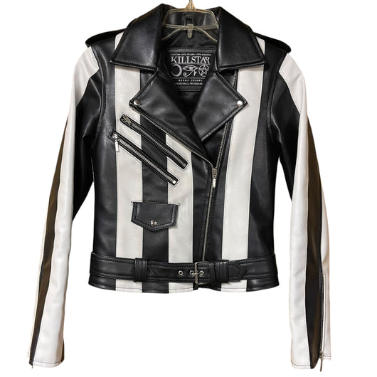 Killstar Black & White Vegan Leather Moto Jacket – Size XS