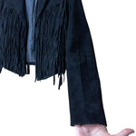 Load image into Gallery viewer, Forever 21 Black Suede Fringe Jacket – Size Small
