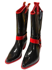 Load image into Gallery viewer, ✨ Rare Black &amp; Red Western Harness Rain Boots by Nomad – Size 7 – New Rubber Cowboy-Style Boots
