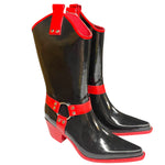 Load image into Gallery viewer, ✨ Rare Black &amp; Red Western Harness Rain Boots by Nomad – Size 7 – New Rubber Cowboy-Style Boots
