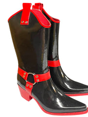 Load image into Gallery viewer, ✨ Rare Black &amp; Red Western Harness Rain Boots by Nomad – Size 7 – New Rubber Cowboy-Style Boots
