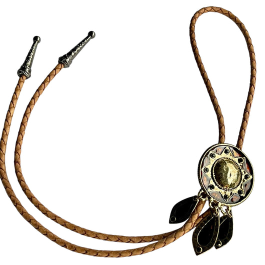 Western Bolo Tie – Tan Cord & Gold Sunburst