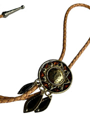 Load image into Gallery viewer, SOLD - Western Bolo Tie – Tan Cord &amp; Gold Sunburst
