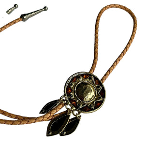 Western Bolo Tie – Tan Cord & Gold Sunburst