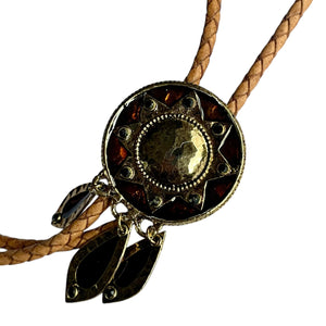 Western Bolo Tie – Tan Cord & Gold Sunburst