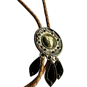 Western Bolo Tie – Tan Cord & Gold Sunburst
