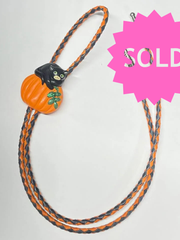 Load image into Gallery viewer, SOLD - 🎃 Halloween Bolo Tie – Black Cat &amp; Pumpkin
