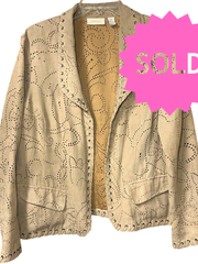 Load image into Gallery viewer, SOLD - Chico’s Faux Suede Laser-Cut Open Front Jacket Women’s Size 2 Tan Western Boho - Lisa Lassi