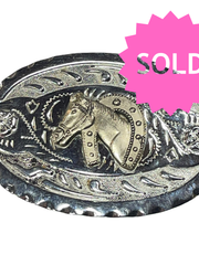 Load image into Gallery viewer, SOLD - Vintage Silver-Tone Horse Head Western Belt Buckle – Oval Floral Design, 4” x 3” - Lisa Lassi