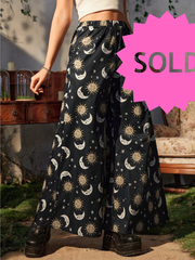 Load image into Gallery viewer, SOLD - Celestial Sun &amp; Moon Wide Leg Bell Pants – Black Astrology Print, Elastic Waist - Lisa Lassi