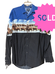 Load image into Gallery viewer, SOLD - 🐂 Roper Western Cattle Print Pearl Snap Shirt – Blue – Size L - Lisa Lassi