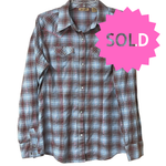 Load image into Gallery viewer, SOLD - Vintage Wrangler Western Snap Shirt – Women’s M – Brown &amp; Blue Plaid w/ Pink Metallic Thread - Lisa Lassi
