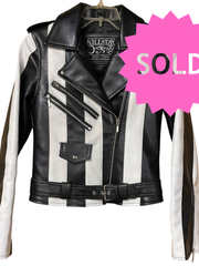 Load image into Gallery viewer, SOLD - Killstar Black &amp; White Vegan Leather Moto Jacket – Size XS - Lisa Lassi