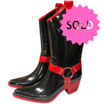 Load image into Gallery viewer, SOLD - ✨ Rare Black &amp; Red Western Harness Rain Boots by Nomad – Size 7 – New Rubber Cowboy-Style Boots
