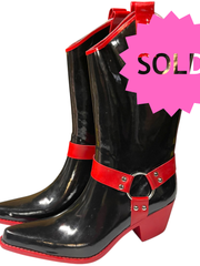 Load image into Gallery viewer, SOLD - ✨ Rare Black &amp; Red Western Harness Rain Boots by Nomad – Size 7 – New Rubber Cowboy-Style Boots
