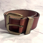 Load image into Gallery viewer, Cleo + Wolf Burnished Edge Genuine Leather Belt Brown Gold Buckle Size S 2" Wide
