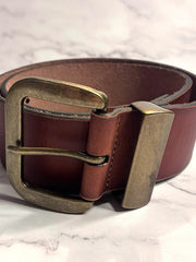 Load image into Gallery viewer, Cleo + Wolf Burnished Edge Genuine Leather Belt Brown Gold Buckle Size S 2" Wide