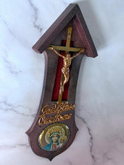 Load image into Gallery viewer, Vintage Italy God Bless Our Home Crucifix Madonna Plastic Wall Plaque 9"