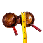 Load image into Gallery viewer, Vintage Brown Tan Ceramic Double Condiment Pot Set Lids Wood Handle Spoons
