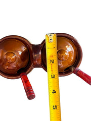 Load image into Gallery viewer, Vintage Brown Tan Ceramic Double Condiment Pot Set Lids Wood Handle Spoons