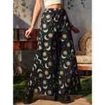 Load image into Gallery viewer, Celestial Sun &amp; Moon Wide Leg Bell Pants – Black Astrology Print, Elastic Waist
