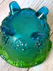 Load image into Gallery viewer, Vintage Jeannette Glass Green Blue Harvest Grape Footed Covered Candy Dish Compote